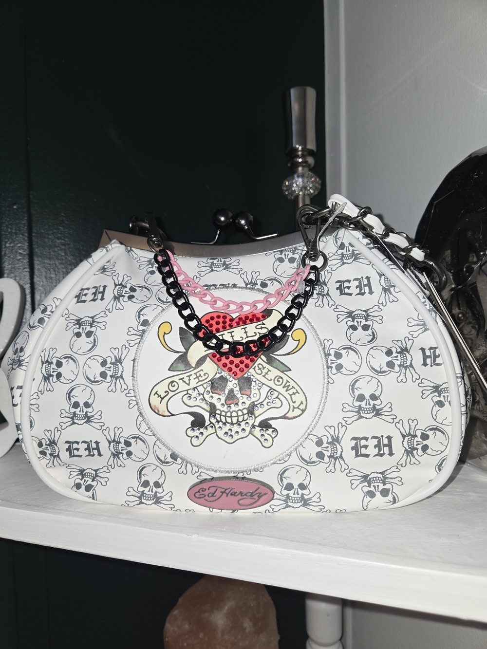 Ed Hardy White Skull & Heart Mini Shoulder Bag with Black & Pink Chains